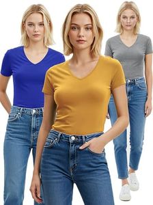 Emmalise Women's Plain Short Sleeve V Neck T Shirt(3P-Ryl/Mstd/Hgry-2X)