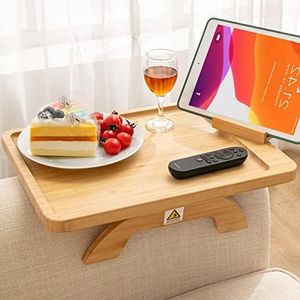 Bamboo Sofa Arm Tray Table with Rotating Mobile Holder, Large Couch Armrest Tray, Clip on Sofa Tray Table for Wide Couches, Foldable Couch Arm Clip Table for Laptop Remote Control Cup