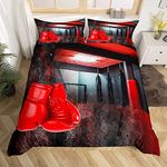 Boxing Bedding Set Sports Theme Duvet Cover for Kids Boys Girls Men Red Boxing Gloves Comforter Cover Pugilism Games Vintage Decor Bedspread Cover with 1 Pillowcases 2Pcs Single