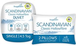 Snuggledown Classic Hollowfibre Single Duvet - 4.5 Tog Lightweight Cool Summer Quilt for Night Sweats, 2 Medium Pillows - Soft Touch Cover, Hypoallergenic, Machine Washable, Size (135cm x 200cm)