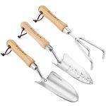 Berry&Bird Garden Tool Set, 3 PCS Stainless Steel Heavy Duty Gardening Tool Kit Includes Hand Trowel, Transplanter and Hand Cultivator with Ash Wood Handle for Transplanting Digging Loosening Soil