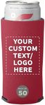 DISCOUNT PROMOS Custom Collapsible Slim Can Coolers Set of 50, Personalized Bulk Pack - Holds Most 12 to 16 oz. Slim Cans, Insulated Cooler, Portable and Lightweight - Red