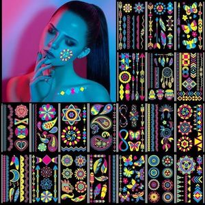 20Sheet Glow in The Dark Temporary Tattoos 170+Styles Adult Super Bright Black Light UV Neon Body Face Fake Waterproof Tattoo Stickers for Women Men Kids Adult, Music Concert Rave Festival Accessory Glow In Dark Party Supplies Favours