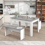 Merax Dining Table with 2 benches Dining Table Set for Kitchen, Dining Room, Small Space Artificial Marble（Grey and White）