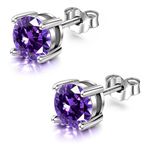 HIGHSPARK 925 Silver Birthstone Solitaire Earrings for Women | 92.5 Sterling Silver and Diamond like Brilliance Sparkling Zirconia | January to December | Lovely Gift - Amethyst Feb