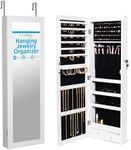 BIRDROCK HOME Hanging Jewelry Organizer - Lockable Storage Cabinet with Body Mirror & LED Lights, Door or Wall Mounted for Closet or Bedroom Dresser, Adjustable Height & Large Capacity - White