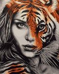 YEESAM Art New DIY Paint by Number Kits for Adults Kids Beginner - Tiger Girl 16x20 inch Linen Canvas - Stress Less Number Painting Gifts (Without Frame)