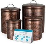 BIRDROCK HOME 4pc Food Storage Canister Set | Hammered Antique Copper with Airtight Lids | Rustic Metal Containers for Flour, Sugar, Baking Ingredients | Farmhouse Kitchen Countertop Organizer