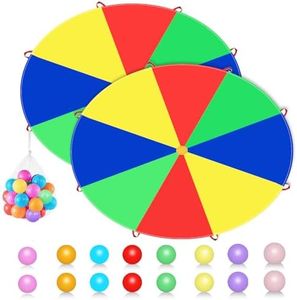 LECEHIVO 2 Pcs Parachute with Handles and Plastic Balls 12 Ft Rainbow Parachute Toy for Kids Tent Game Outdoor Playground Activities Cooperative Games