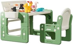 BanaSuper 3 in 1 Kids Building Block Table with Easel Toddler Table and Chair Set with Storage Children Play Table Activity Desk Adjust Height Arts Crafts Snack Time (Green)