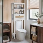 GORZING Over The Toilet Storage Cabinet, 3-Tier Bathroom Organizer with Rattan Door, Wooden Space Saver for Restroom, Bathroom, Laundry