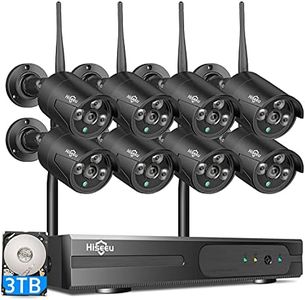 Hiseeu Black Wireless Security Camera System, 10CH 4K NVR 8Pcs Outdoor/Indoor WiFi Surveillance Camera 5MP with Night Vision, Waterproof, Motion, 1-Way Audio, Remote Access, 3TB HDD, DC12V Power Cord