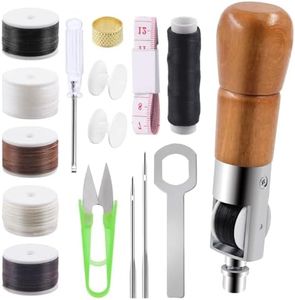 Glarks 13Pcs Leather Sewing Awl Kit Portable Leather Stitching Repair Stitch Tool Including Hand Sewing Awl, 5 Colors Spools of Thread with Straight and Bent Needles,Thimble, Tape Measure, Scissors