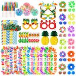 Wothfav 110PCS Tropical Party Decorations, 12 Pack Hawaiian Garlands Set, Multicolor Hawaiian Leis Necklaces Headbands Bracelets, Novelty Sunglasses Cupcake Toppers for Birthday Beach Pool Party