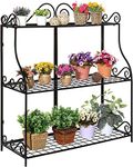 MyGift Large Freestanding Black Metal Scrollwork 3 Tier Plant Stand / Bathroom & Kitchen Storage Organizer Shelf Rack