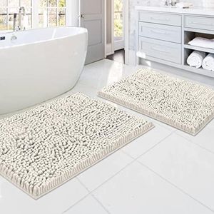 PrinceDeco Bath Mats for Bathroom Non Slip Luxury Chenille Bathroom Rug and Absorbent Shaggy Rugs Washable Dry Fast Area Carpet Mats for Bath Room- (2 Piece - 50cm x 81cm / 43cm x 61cm), Ivory