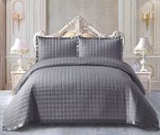 Prime Linens 3 Piece Quilted Bedspread Set Throw with 2 Matching Pillow Cases Coverlets Embossed Quilt Bedding Set Bed Throw (Grey, King (240 x 250 Cm))