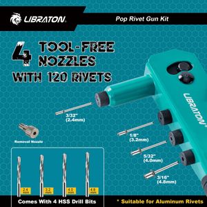 Libraton Heavy Duty Rivet Gun Set – 120 Blind Rivets, 4 Drill Bits, Interchangeable Heads