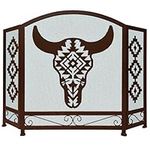 Rustic Decorative Foldable 3 Panel Southwest Tribal Bull Skull Fireplace Screen Cabin Lodge Farmhouse Ranch Native American Style Decoration