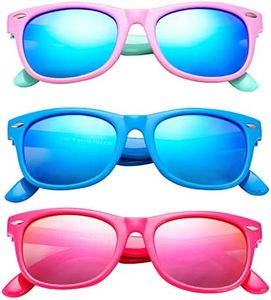 COASION Kids Polarized Sunglasses Set TPEE Rubber Flexible Shades for Girls Boys Age 3-9 Sunglasses 3 Pack (Rosepink/Blue Mirror + Blue/Blue Mirror + Rose/Rose Mirror)