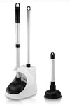 NEIKO 60168A Toilet Plunger Set, 4 Piece, Bonus MiniSink & Drain Plunger, Toilet Bowl Brush & Caddy, Patented All-Angle Design, Telescopic Aluminum Handle, Bathroom Toilet Brush and Plunger Set