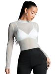 Aahwan White Mesh Long Sleeve Sheer Slim Fit High Neck See-Through Top for Women's & Girl's (276-White-M)