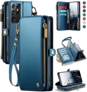 Defencase Compatible with Samsung Galaxy S21 Ultra Case Wallet with RFID Blocking Card Holder for Women Men, PU Leather Magnetic Snap Flip Zipper Strap Wallet Case Fit for Galaxy S21 Ultra 5G, Blue