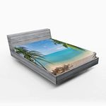 Ambesonne Ocean Fitted Sheet, Panoramic View of Tropical Sandy Beach Exotic Vacation Theme Print, Bed Cover with All-Round Elastic Deep Pocket for Comfort, King Size, Brown Turquoise