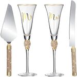 Boao 4 Piece Wedding Toasting Flutes and Cake Server Set Wedding Reception Supplies Champagne Glasses Cake Knife Pie Server (Gold)