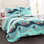 Lush Decor Sealife Fish Ocean Wave Reversible 2 Piece Blue Quilt Bedding Set, Twin,