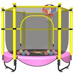 60" Trampoline for Kids, 5 FT Toddler Baby Trampoline with Safety Enclosure Net, Indoor or Outdoor Pink Small Trampolines with Basketball Hoop, Birthday Gifts for Kids, Gifts for Girl Age 1-8