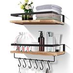 Uten Floating Shelves Wall Mounted Shelf, Light Brown Solid Shelf, Wooden Shelves Set Spirit Level, Towel Bar 6 Hooks for Bedroom, Living Room, Office, Kitchen Storage & Organisation