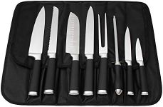 9-Piece Kitchen Knife Set in Carry Case - Ultra Sharp Chef Knives with Ergonomic Handles - Professional Japanese Chef's Knife Set with Paring, Carving, Bread, Santoku, Utility Knives, Fork, Sharpener