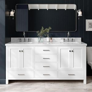 ARIEL Cambridge 72-inch Bathroom Vanity with Sink,Solid Wood, 1.5-inch Italian Carrara Marble Countertop, Double Rectangular Porcelain Sink, 4 Soft Closing Doors, 6 Dovetail Drawers, White