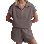 FeMereina Women Two Piece Outfits Tracksuit Half Zip Lapel Cap Sleeve Sweatshirt High Waist Drawstring Shorts Set Sweatsuit (Coffee, M)