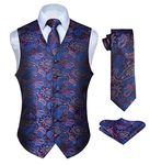 Hisdern Men's Paisley Floral Jacquard Waistcoat&Necktie and Pocket Square Vest Suit Set, Blue & Pink, 2XL(Chest 51inch)