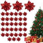 Poinsettia Artificial Flowers (36 Pack) - Red Glitter Poinsettia Christmas Decorations for Garlands Wreaths - Artificial Christmas Flowers Xmas Tree Ornaments for Decoration and Christmas Crafts