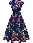 DRESSTELLS Womens Dresses 2024 Vintage Party Navy Formal Evening Party Bridesmaid Wedding Guest Dress Modest Casual Dress Navy Flower M