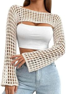 CAMNOW Womens Crochet Crop Tops Y2k Knit Shrug Sweater Hollow Out Long Sleeve Bikini See Through Cover Ups Beige