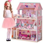 ROBOTIME Wooden Dollhouse, Doll Houses with 24 Pieces Furniture for 4, 5, 6-Inch Dolls, Dollhouse Gift for 3+ Year Old Girls (Pink)