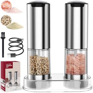 Electric Salt and Pepper Grinder Set, [95ml Capacity] [LED Light] Homtronics Rechargeable Coarseness Pepper Mills with Ceramic Grind, Automatic Stainless Steel Spice Grinder for Kitchen BBQ [2 Pack]