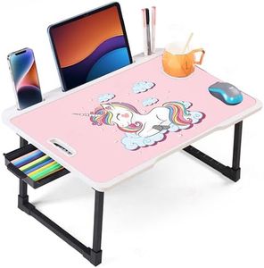 OPTIFINE Foldable Wooden Mini Laptop Table for Bed, Study Table with Drawer, Tablet/Mobile Holder for Kids & Adults->> (White-US-COTTED-Unicorn)