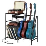 Guitar Stand Record Player Stand Guitar Holder Rack with Charging Station Guitar Display Stand with Vinyl Storage 3 Tier End Table with Guitar Rack Multiple Guitars Accessories for Home Studio, Black