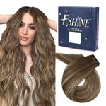 Fshine Hand Tied Weft Hair Extensions Human Hair 14 Inch Balayage Medium Brown to Caramel Blonde Remy Hair Sew in Soft and Light Weight Straight Hair Weft Extensions Fashionable Hairstyle 50 Gram