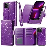 Varikke for iPhone 13 Pro Case Wallet, iPhone 13 Pro Case for Women with Card Holder & Magnetic Detachable Cover & Kickstand Strap Glitter PU Leather Flip Wallet Case for iPhone 13 Pro, Dark Purple