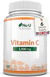 Vitamin C 1000mg - 180 Vegan Tablets - 6 Month Supply - High Strength Ascorbic Acid - Supports Immune System, Energy & Collagen Formation - Nu U Nutrition