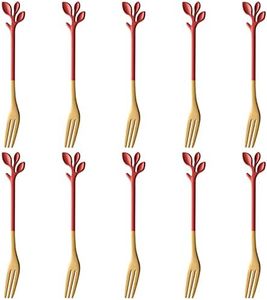 AnSaw 10-Pieces 4.7-inch Small Cocktail Forks With Leaf Handle(Red & Gold)