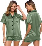 SWOMOG Womens Silk Satin Pajamas Set Short Sleeve Button Down Sleepwear Loungewear 2 Pcs Pj Sets Matcha Medium