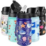 GOPPUS Kids Insulated Water Bottle - 14 Oz BPA Free 18/8 Stainless Steel Travel Bottle with Straw Water Bottle with Double Wall Vacuum Leak Proof Kids Cup for School Boys Girls, Under The Sea