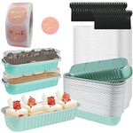 LAINIUTE 50Pcs Mini Loaf Pans with Lids and Spoons, 6.8oz Rectangle Aluminum Foil Baking Pans, Reusable Bread Containers, Narrow Cake Pans for Bread Cheesecake Creme Brulee Ramekins (light green)